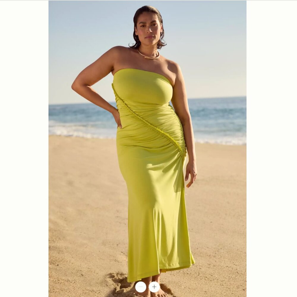 Anthropologie Strapless Lime Green Ruched Maxi Dress